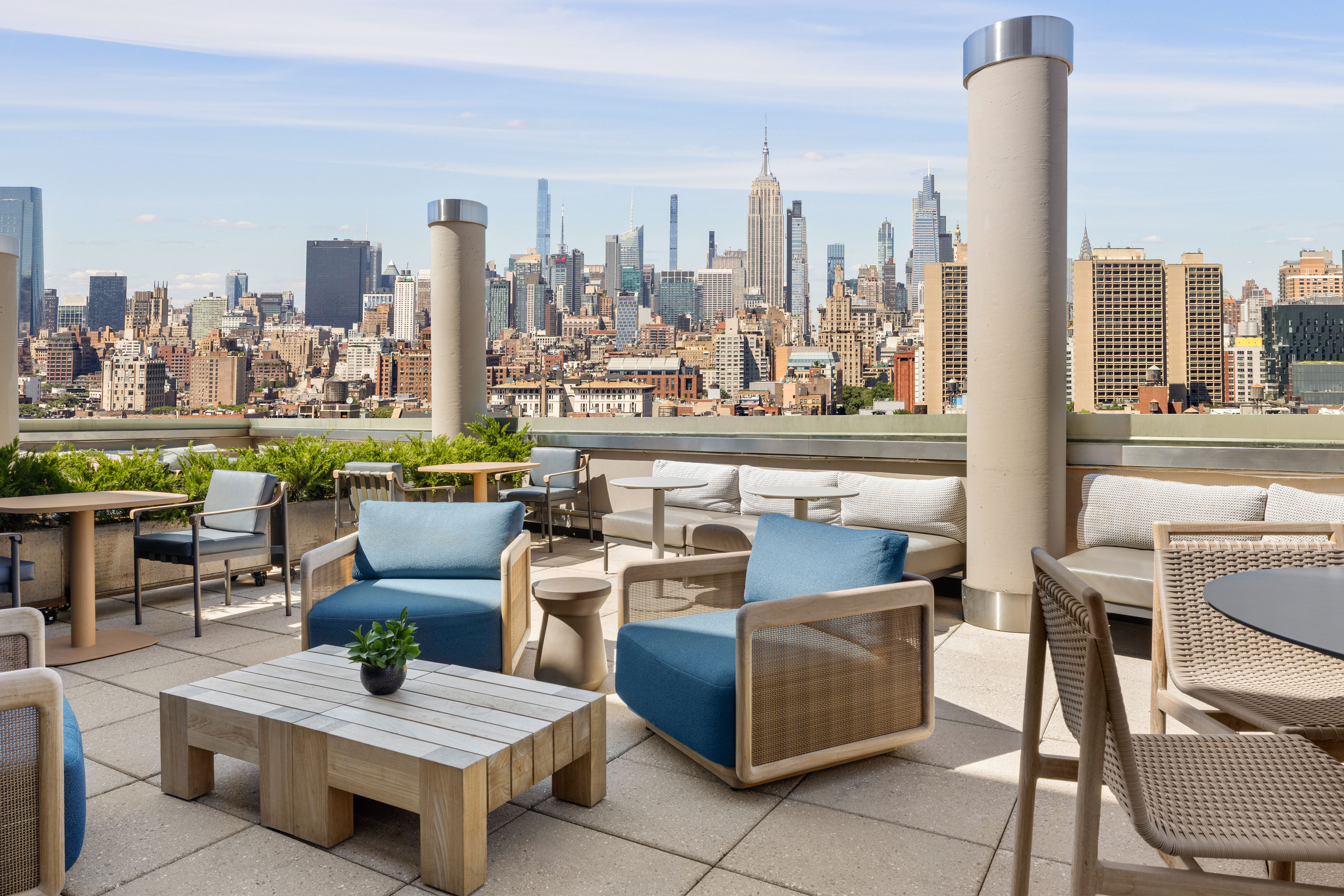Tribeca Terrace rooftop seating with New York skyline views at Sheraton Tribeca